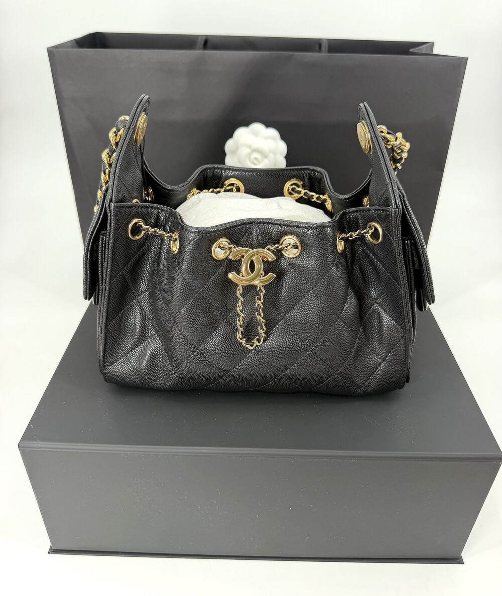 Chanel 25 Mini Black Caviar Gold Hardware Hobo Bag 26B AS5631 New Full Set